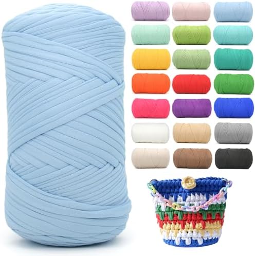400g Tshirt Yarn for Crochet,Sky Blue T Shirt Soft Elastic Fabric Chunky Thick T-Shirt Crochet Yarn for Crocheting Knitting Beginner Hand Knitting for Bag/DIY Craft/Home Decor-Sky Blue