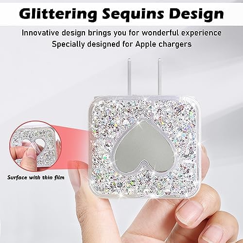 Glitter DIY Cable Protector Compatible for Apple iPhone Power Adapter with Mirror,Cute Bling Love Heart Design,Data Line USB Case Wire Cable Saver Phone Charger Protector for iPhone (Silver)