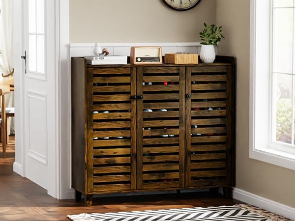VINGLI Large Shoe Cabinet with 3 Doors 6-Tier Ultra Wide Shoe Cabinet Storage for Entryway 30 Pairs Tall Shoe Organizer Cabinet Wooden Farmhouse Shoe Rack Cabinet Rustic Brown