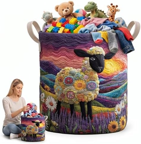 Quilted Laundry Basket With Handles, Soft Farmhouse Fabric Storage Hamper for Clothes Blankets Towels Toys in Bedroom Bathroom(16" x 22")