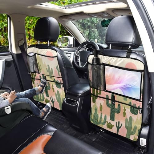 2 Pack Back Seat Car Organizer with Storage Pockets Kick Mats Back Seat Protector Hanging Car Organizer Automotive Seat Back Cover Organizers Boho Cacti Mountains Sun