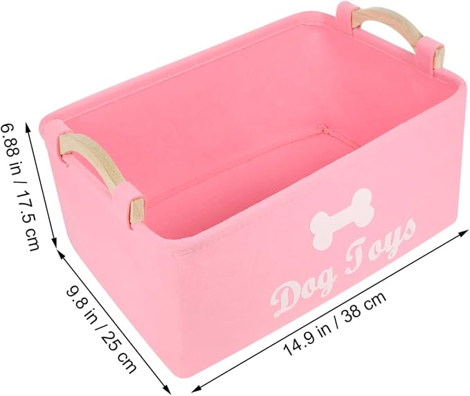 INOOMP Pink Felt Pet Organizer Basket with Wooden Handle Large Dog Storage Bin for Home and Utility Lightweight and Portable Container for Pet Accessories