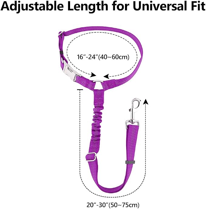 Plutus Pet Dog Seat Belt for Car Headrest, Reflective with Elastic Bungee | Adjustable Restraint for Safety, Vehicle Seatbelt Harness for Small Medium Large Dogs and Cats, Purple