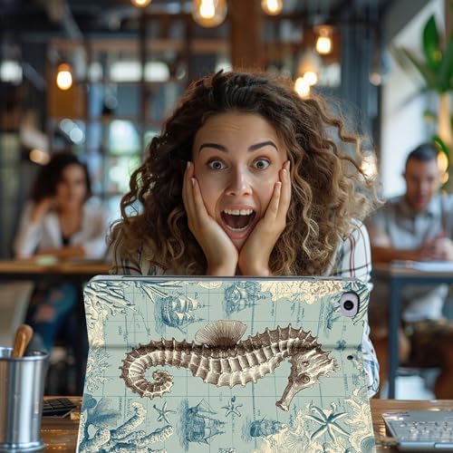 for Microsoft Surface Pro X/Pro X Plus-13 2019/2020/2021/2024 Tablet Case,Auto Wake/Sleep,Adjustable Stand Protective Cover - Vintage Seahorse Nautical