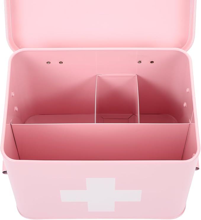 Lassos Boutique Retro Enameled First Aid Box for Medicine Storage and Home Decor with Lid and Removable Tray (Pink/White)