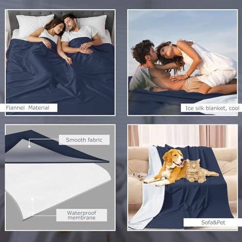 Tisancy Lightweight Waterproof Blanket Queen Size, 78" x 82" Thin Summer Bed Protector Sheet with TPU Layer, Washable Stain Resistant Mattress Cover for Bed, Sofa and Pet Use, Navy Blue