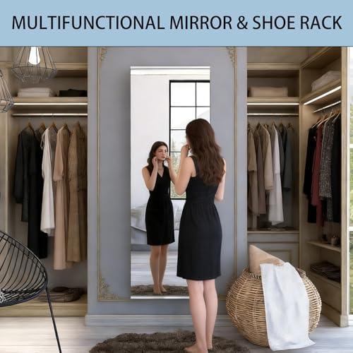 Shoe Cabinet with Mirror Modern Black Mirrored Shoe Storage Cabinet 67" Tall 5-Tier Shelves Narrow Shoe Storage Cabinet for Entryway Space Saving Furniture (Wall-Mounted, Grey)