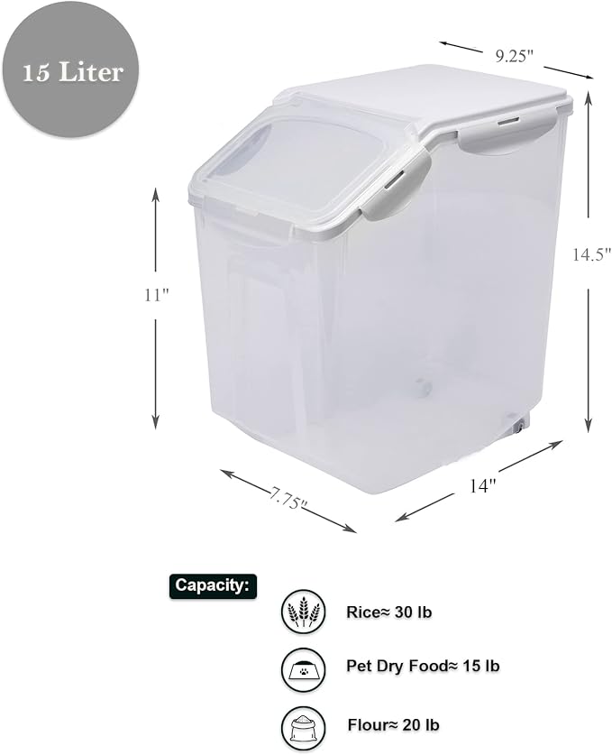 15 Liter / 30 lbs Rice Storage Container with Measuring Cup, BPA free, For Rice | Grain | Pet Food | Flour, 2 counts, Clear