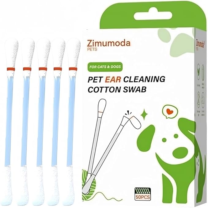 50 Pcs 2-in-1 Pet Ear Cleaning Cotton Swabs for Dogs & Cats - Essential Oil Infused Cat Ear Cleaner - Gentle Ear Wax Removal - Soothing Itch & Freshness - Individually Wrapped for Easy Use