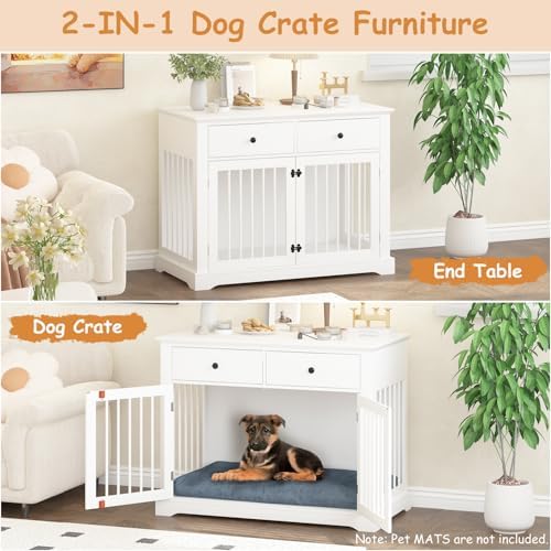 PRETZI Dog Crate Furniture, 44 Inch Wooden Dog Kennel Indoor with 2 Storage Drawers, Heavy Duty Large Crate Furniture, Decorative End Table Cage Furniture for Small/Medium/Large (White)