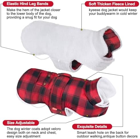 KYEESE Dog Coat Windproof Dog Coats for Small Dogs Waterproof Dogs Jacket with Fleece Lined Soft Pet Sweater for Cold Weather Warm Pet Winter Puffer Coat with Leash Hole Thick Pets Clothes with Pocket