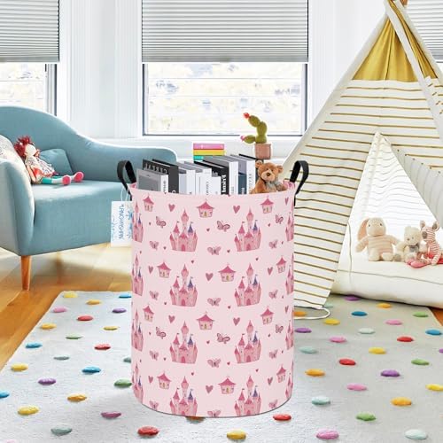 Round Laundry Basket Collapsible Storage Hamper Pink Castle | Waterproof Canvas Foldable Baskets with sturdy Handles Multi-scene Organizer for Home Play Bedroom Gift Bin