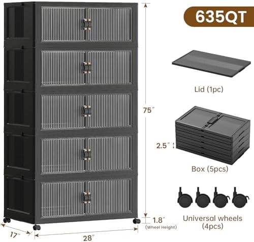 SAILUN 635Qt Large Stackable Storage Bins,Storage Cabinet with a Lid,Black