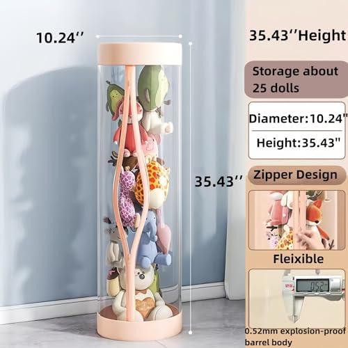 Upgraded Stuffed Animal Storage Tube, 59" Tall (150cm) Plush Organizer with 4 Wheels, PET Clear Bucket & Double Zipper, Space-Saving Toy Storage for Kids Room, Tidy Zoo Bin for Stuffed Animals (Pink)
