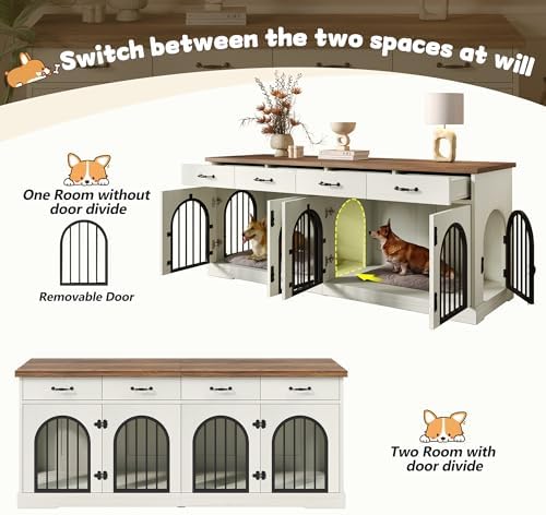 70.8" Large Dog Crate Furniture with Removable Divider/4 Storage Space | Multi‑Purpose Indoor Dog Kennel Works As Tv Stand End Table,Six Access Doors,For Small Medium Multi‑Dog Households