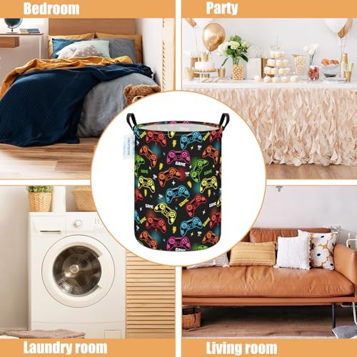 Round Laundry Basket Collapsible Boys Storage Hamper Organizer Game | Waterproof Canvas Foldable Baskets with sturdy Handles Multi-scene Organizer for Home Play Bedroom Gift Bin