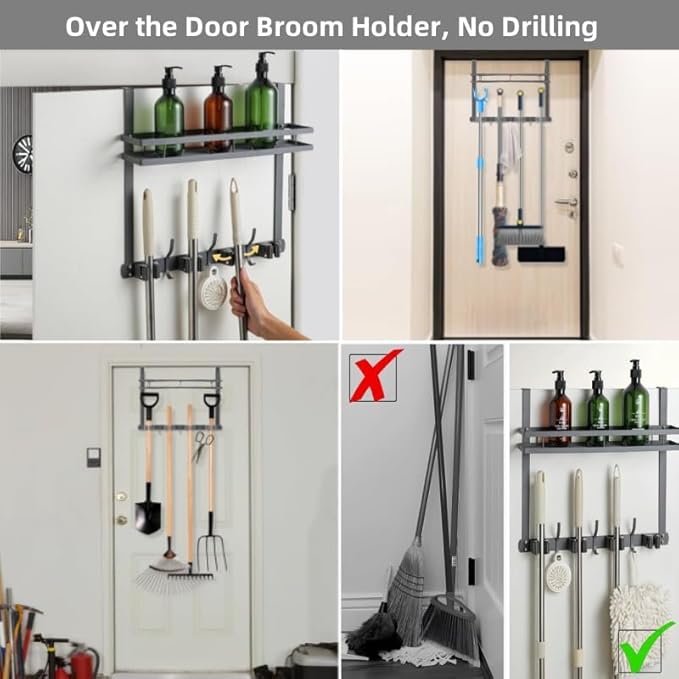Over the Door Heavy Duty Metal Broom & Mop Holder, No-Drill Cleaning Supply Organizer with 4 Grips, 3 Hooks & 1 Storage Basket for Laundry Room & Garage