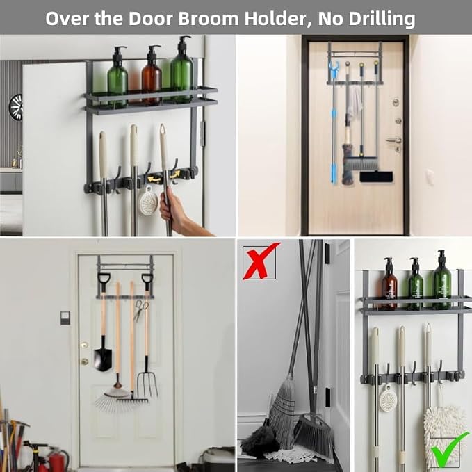 Over the Door Heavy Duty Metal Broom & Mop Holder, No-Drill Cleaning Supply Organizer with 4 Grips, 3 Hooks & 1 Storage Basket for Laundry Room & Garage