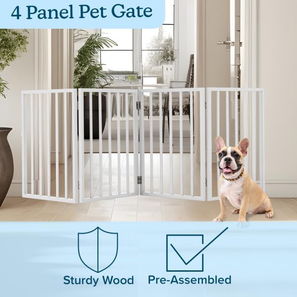 Pet Gate - 4-Panel Indoor Foldable Dog Fence for Stairs, Hallways or Doorways - 72x24-Inch Retractable Wood Freestanding Dog Gates by PETMAKER (White) | Foldable Dog Fence with Accordion Design, Wooden Safety Pet Fence for Stairs, Hallways, Doorways, a...