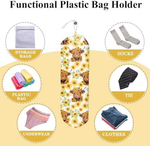 Highland Cattle Cow Plastic Bag Holder, Grocery Bag Holder for Kitchen | Plastic Bag Storage Organizer, Plastic Bag Holders for Grocery Bags Sunflower Home Kitchen Decor Gifts for Women Mom Grandma