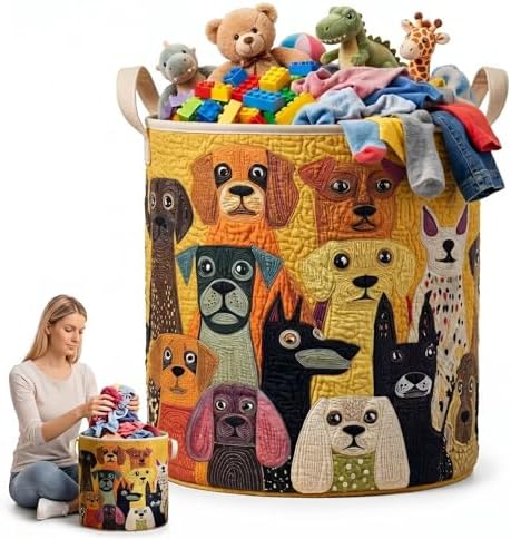 Funny Dog Breeds Laundry Hamper Canvas Clothes Basket Collage Pet Toy Storage Organizer Multi Dog Decorative Basket for Laundry Room(16" x 22")