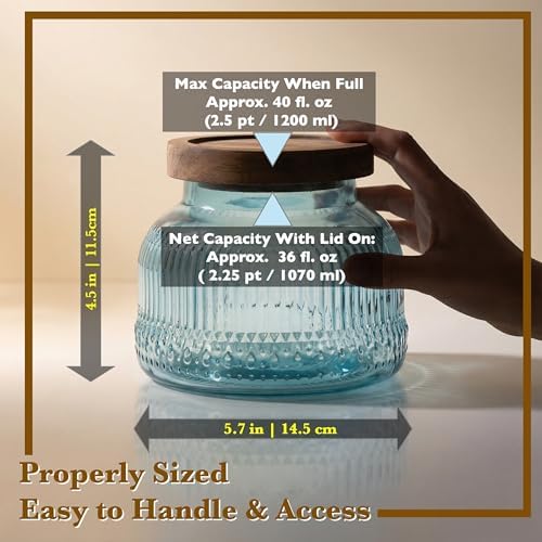 Decorative Blue Glass Jars with Airtight Wooden Lids 2 pack, 40 fl. oz | Wide mouth vintage storage canister, kitchen pantry bathroom organization, coffee sugar tea cookie candy candle vase gift