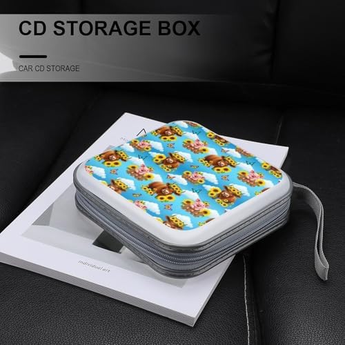 Hard Plastic 40-Disc Storage Binder Sunflower Butterflies Highland Cow Pig, Protective CD/DVD Wallet with Zipper, Portable Organizer for Movies Music