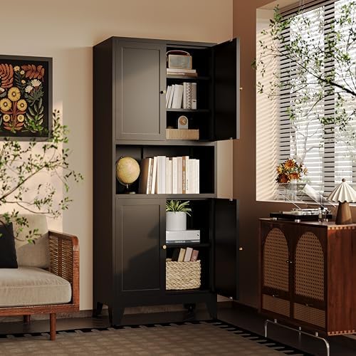 69"H Metal Storage Cabinet with Doors and Shelves,Tall Black Cabinets,Bathroom Storage Cabinet,Large Cabinets with Glass Doors and Adjustable Shelves,Cabinet for Bathroom, Living Room, Dining Room