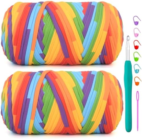 2 Pack Tshirt Yarn for Crochet,Rainbow T Shirt Soft Elastic Fabric Chunky Thick T-Shirt Crochet Yarn for Crocheting Knitting Beginner Hand Knitting Bag/DIY Craft/Home Decor 2 * 400G-Bright Rainbow