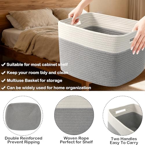 3 Pack Woven Baskets,Storage Baskets for Shelves with Handles | 13.5"×11"×9.5", Closet Baskets, Nursery Organizer for Toys Towels Books, Storage Bin for Living Room Bedroom (White & Grey)