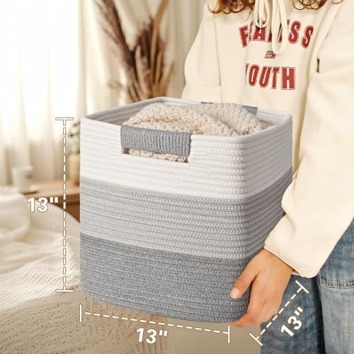 13 Inch Storage Cubes, 3 Pack Cube Storage Bins for Organizing, Cotton Rope Woven Baskets for Shelves, Bathroom, Kids Room, Closets, Baby Nursery