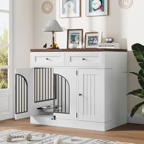 Garvee Multi-Functional Dog Crate Furniture, 37 Inch Wooden Dog Crate with Storage & 360° Rotating Bowls, Dog Kennel Furniture for Small to Large Breeds