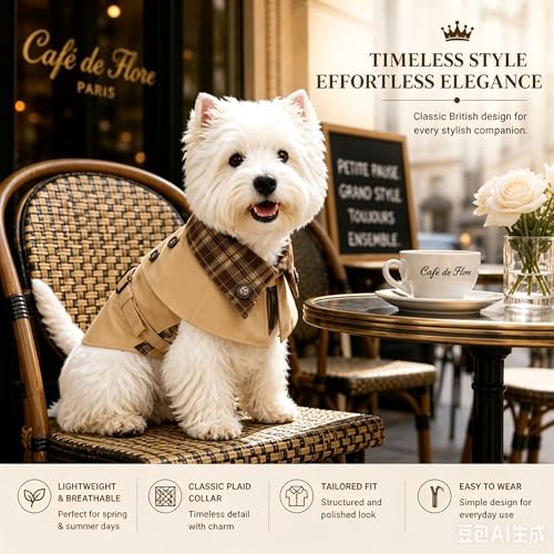 Stylish Cat & Dog Trench Coat, Lightweight British Plaid Pet Jacket, Breathable Spring Autumn Puppy Clothes, Fancy Detective Costume for Small Dogs & Cats, Sun Protection Outfit(L)
