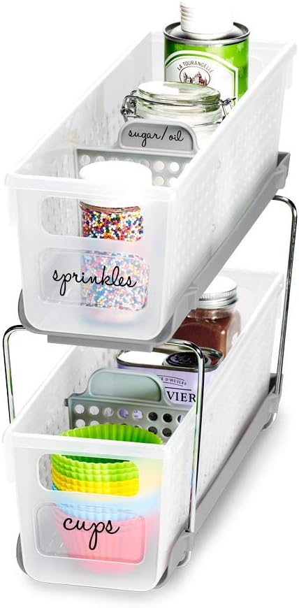 madesmart Mini 2-Tier Organizer, Multi-Purpose Slide-Out Storage with Handles and Dividers for Home and Bath, Frost | pull out bins, adjustable dividers, tiered access, cleaning supplies, under sink use, pantry bottles, woman owned