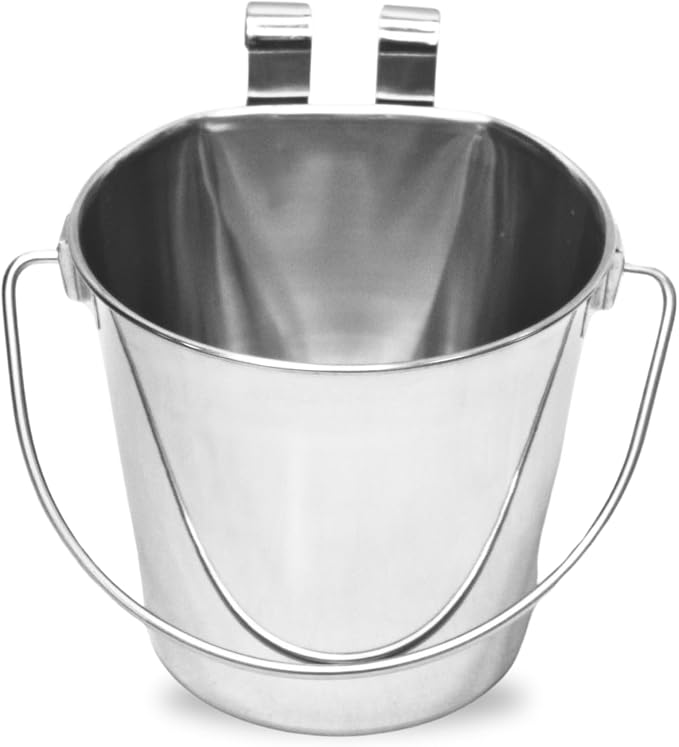 Stainless Steel Flat Side Bucket with Dual Hooks 2 Quart (0.5Gallon)– Heavy Duty Hanging Dog Water & Food Bowl Kennel, Cage & Crate, Durable Pet Pail for Dogs, Cats, Birds & Small Animals