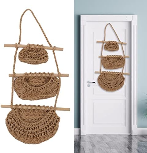 Hanging Fruit Basket 3 Tier Wall Mounted Handcraft Hemp Rope Wood 3 Tier Hanging Wall Basket for Toys Pet Plush Toys Dolls , Over the Door Hanging Basket , 3 hanging basket nursery organizers and s