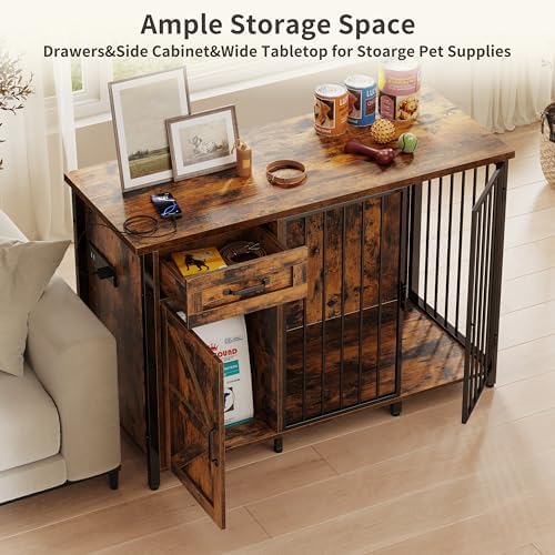kepptory 30 Inch Dog Crate Furniture with Cabinet, Heavy Duty Farmhouse Dog Kennel with Charging Station, Wooden End Table TV Stand with 900 LBS Capacity and Adustable Feet