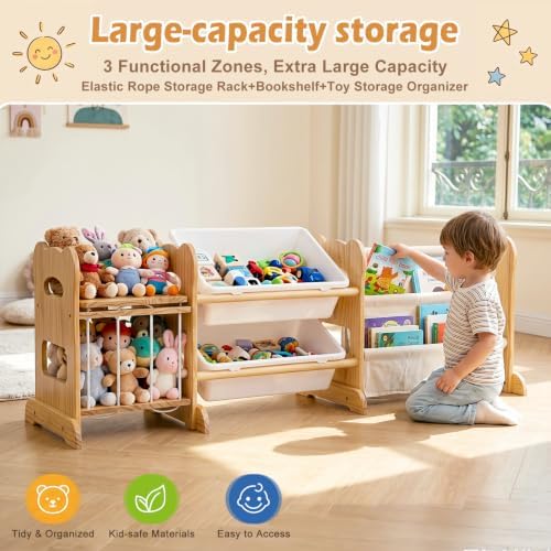 Toy Storage Organizer with 2 Shelves, 2 Bins and Stuffed Animal Storage, Playroom Toy Organizer Cabinet for Bedroom Decor, 46.3'' L