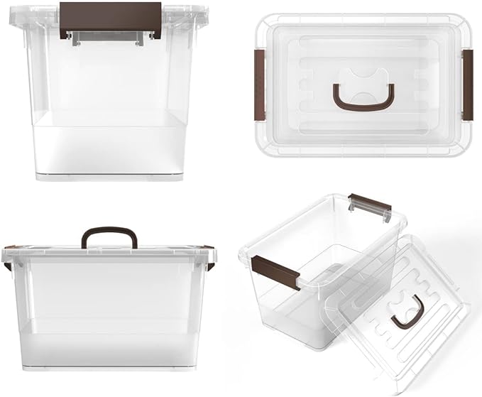 WYT 18-Pack Clear 7 Quart Storage Latch Box/Bins, Plastic Stackable Latching Box with Brown Handle and Lid, Multi-Purpose, 7 Litre