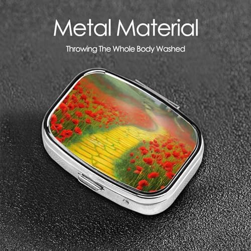 Poppies Field Yellow Brick Road Pill Box 2 Compartment Medicine Pill Organizer Square Pill Case for Purse & Pocket Travel Pillbox Portable Metal Medicine Vitamin Fish Oil Organizer Unique Gift