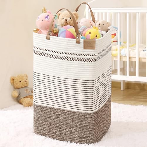danpinera 75L Woven Laundry Hamper with Long Leather Handles, Baby Laundry Basket for Nursery, Tall Hampers for Bedroom Aesthetic, Decorative Clothes Storage Basket for Family, White & Dark Brown
