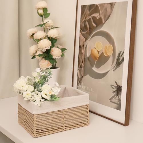 GYASVWU Hand-Woven Paper Rope Storage Baskets,Rectangular Wicker Baskets for Organizing,Decorative Woven Basket for Storage,Shelf Basket for Living Room,Storage Baskets for Pantry (Beige - Large)