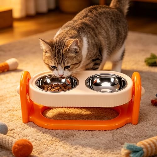 Pssopp Cat Feeding Station Adjustable Elevated Cat Bowl, Anti Vomiting Slanted Tilted Double Bowls Design Food and Water Dispenser Stand for Indoor Pets Supplies (Orange)