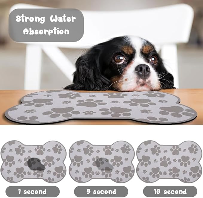 Dog Food Mats for Floors Waterproof, Pet Feeding Absorbent Water Bowl Mat Cat Placemats Gray Bone Shape 25.5 * 17 inch
