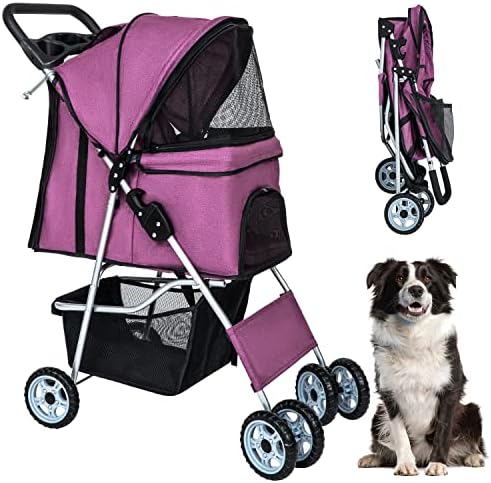 BestPet | 4-Wheel Foldable Pet Stroller | Purple | Lightweight & Portable | Travel Carrier with Mesh Windows, Storage Basket, Cup Holder, Safety Brakes, and Waterproof Fabric | For Small Dogs and Cats