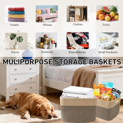 3 Pack Woven Baskets,Storage Baskets for Shelves with Handles | 13.5"×11"×9.5", Closet Baskets, Nursery Organizer for Toys Towels Books, Storage Bin for Living Room Bedroom (Jute & Black)