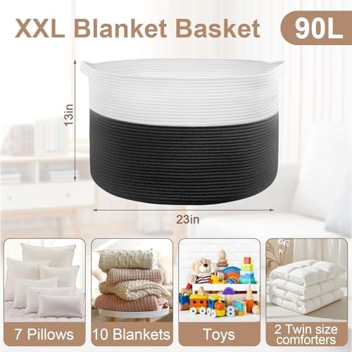 90L Large Blanket Basket Storage with Handles - White & Black