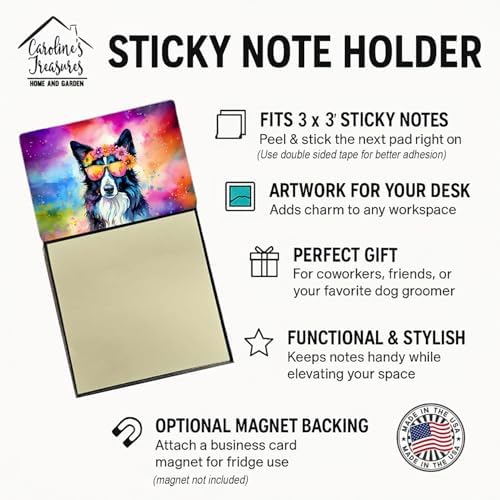 Caroline's Treasures Border Collie Hippie Dawg Sticky Note Holder Refillable Dispenser Self-Sticky Note Pads, Memo Pads Blank Desk Accessories