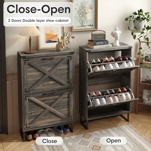 Maupvit 24" W Farmhouse Shoe Cabinet Storage for Entryway, Freestanding Organizer with 2 Flip Drawers, Narrow Shoe Rack Cabinet with Metal Corner Decoration, Dark Rustic Oak