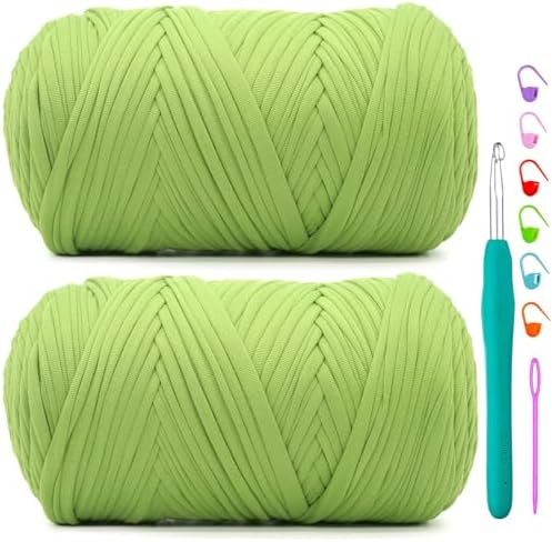 2 Pack Tshirt Yarn for Crochet,Apple Green T Shirt Soft Elastic Fabric Chunky Thick T-Shirt Crochet Yarn for Crocheting Knitting Beginner Hand Knitting Bag/DIY Craft/Home Decor 2 * 400G-Apple Green